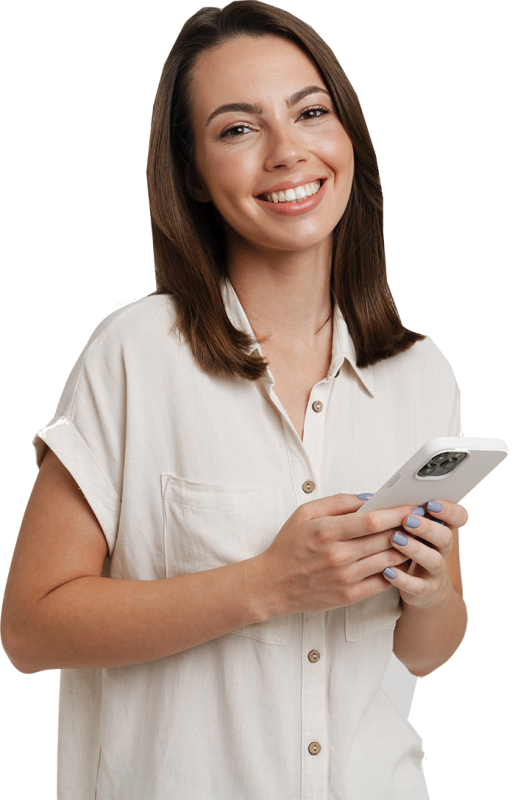 Lady holding a phone smiling